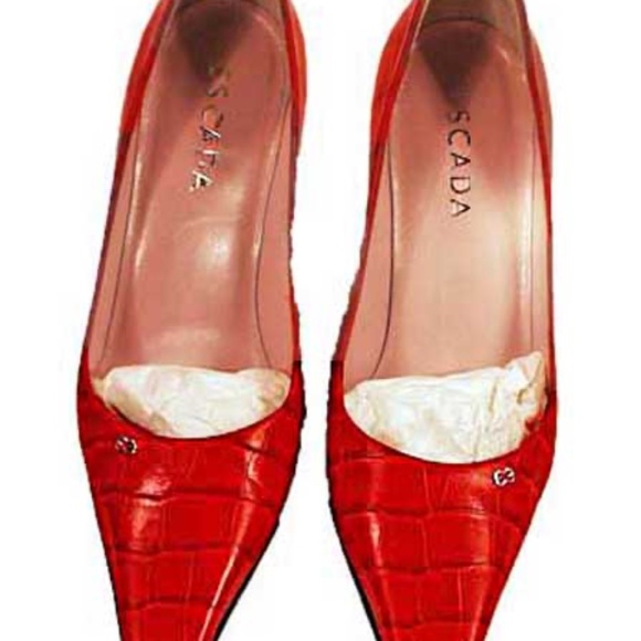 ESCADA STILETTOS, Sz 7B, CALF LEATHER IN RED CROCODILE PRINT, TAGS ON, HEEL 3½ - Picture 1 of 16
